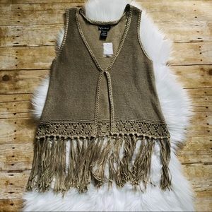 NWT Love Always Brown Crochet Fringe Vest